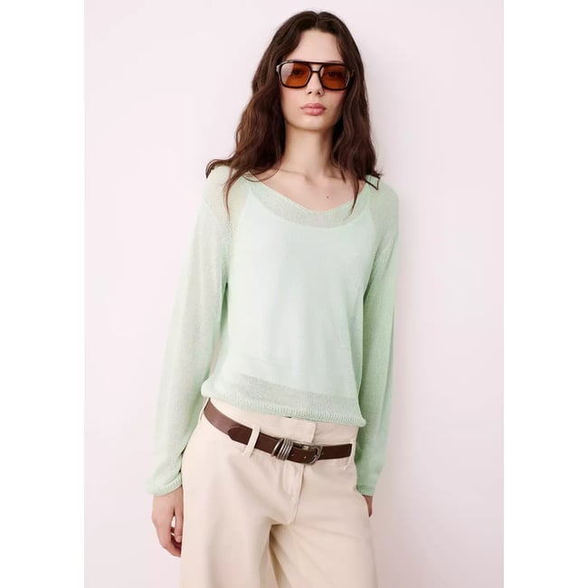 Pull-over maille fine col V vert menthe <span itemprop=