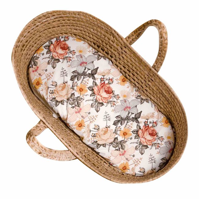 Drap housse couffin ovale en satin de coton NÉO VINTAGE néo vintage imprimé floral, beige, blanc <span itemprop=