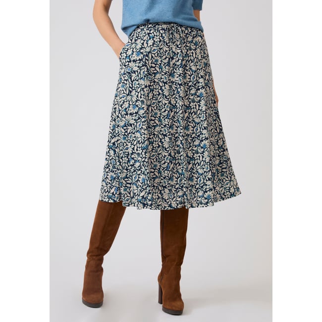 Jupe maille crêpe stretch bleu fleuri <span itemprop=