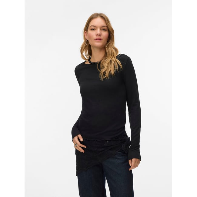 T-shirt com gola redonda e mangas compridas preto  <span itemprop=