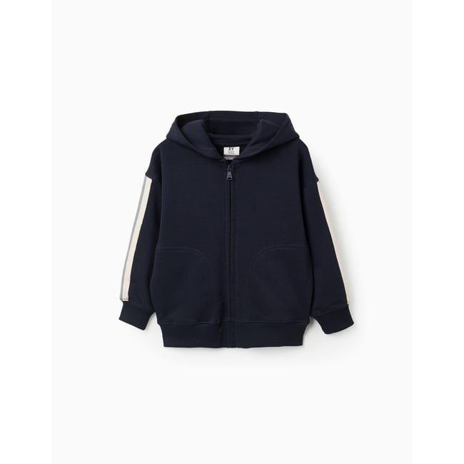 Sweat zippé en coton avec capuche et bande à rayures bleu foncé <span itemprop=
