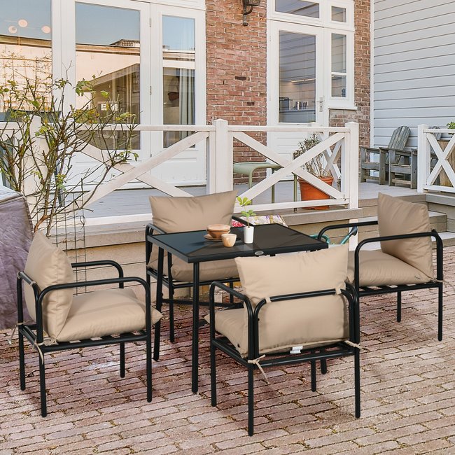 Ensemble salon de jardin 4 places 5 pièces - table à manger, 4 chaises, 4 coussins noir <span itemprop=