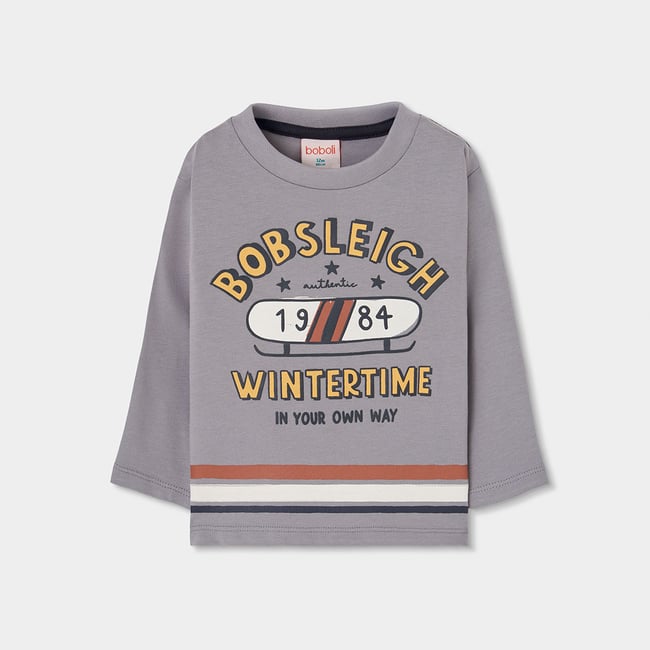 T-shirt garçon en maille imprimé Bobsleigh gris <span itemprop=