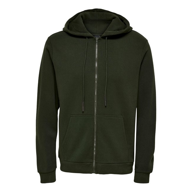 Ceres Life Hoodie in Cotton Mix with Zip Fastening, khaki green, ONLY & SONS