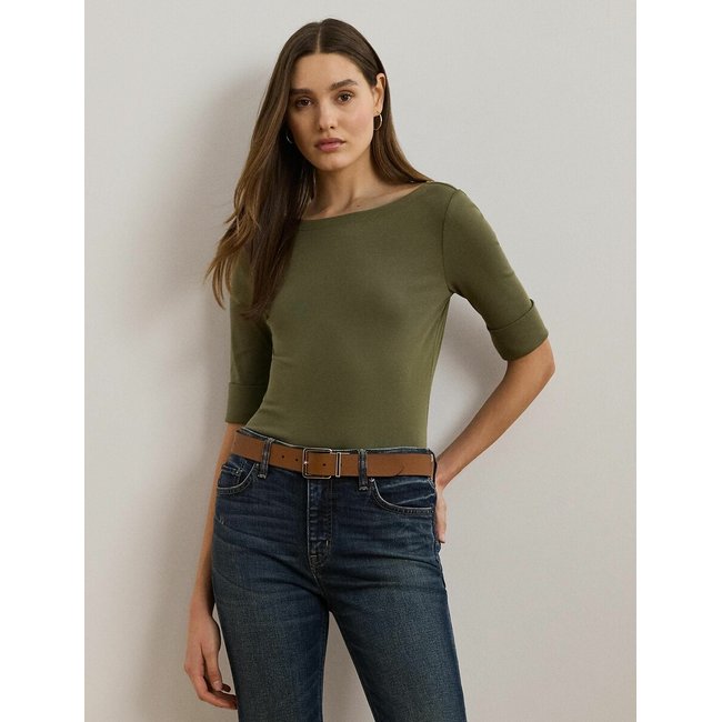 Boat Neck T-Shirt with 3/4 Length Sleeves, olive green, LAUREN RALPH LAUREN