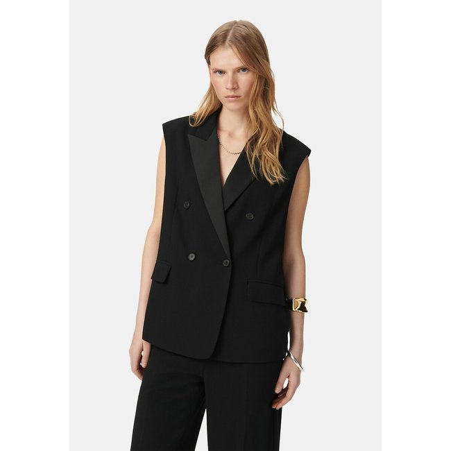 Veste blazer sans manches en crêpe envers satin noir <span itemprop=