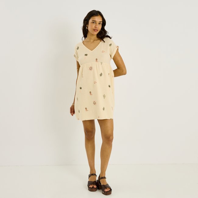 Robe courte brodée en gaze de coton blanc cassé ecru <span itemprop=