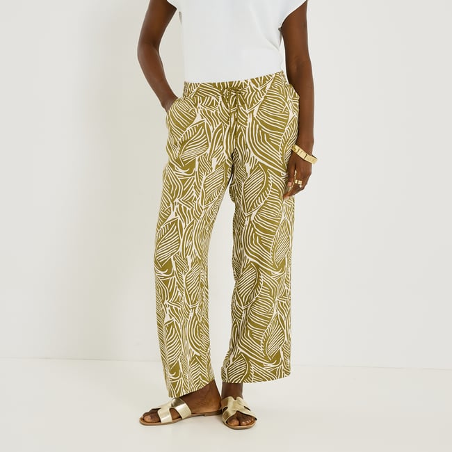 Pantalon large fluide imprimé vert kaki <span itemprop=