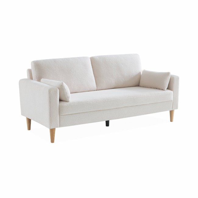 Canapé 3 places vintage bois d'eucaluptys, d'hévéa et bouclette BJORN Couleur blanc <span itemprop=