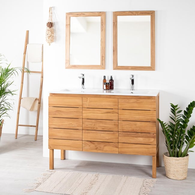 Meuble salle de bain en teck et céramique 120 cm ANANTA Couleur blanc <span itemprop=