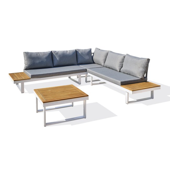 Salon de jardin bois d'acacia et alu MIYAKO blanc <span itemprop=