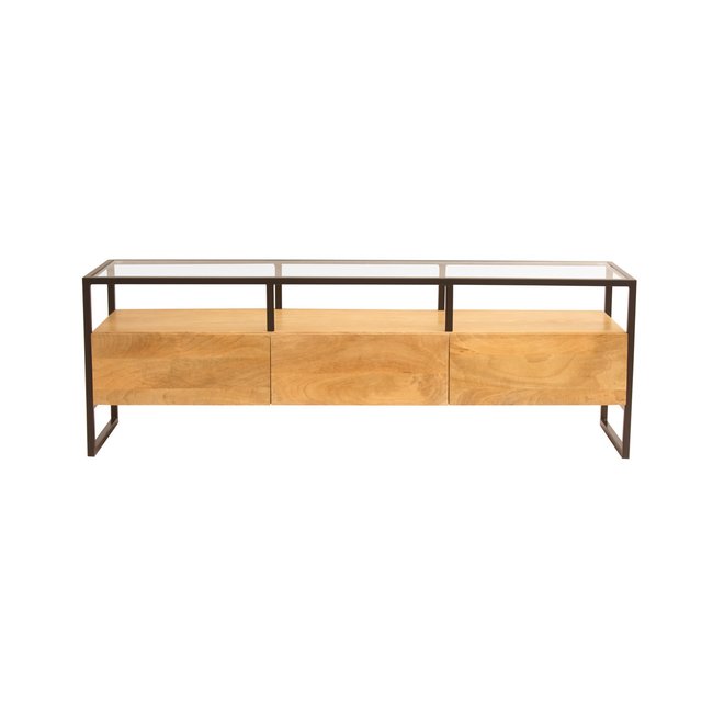 Meuble TV rectangulaire avec rangements en bois manguier massif, verre et métal noir L150 cm DIYA Couleur chêne clair <span itemprop=
