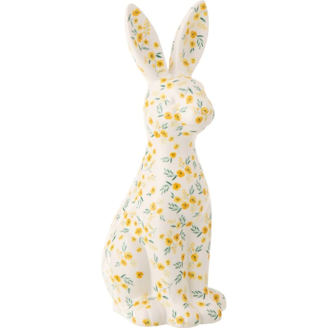 Lapin décoratif fleuri en poterie Couleur blanc à fleurs jaunes et feuillage vert <span itemprop=