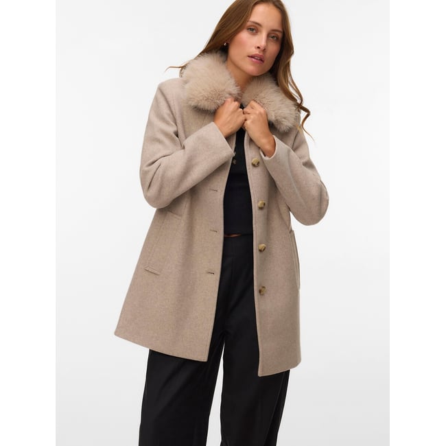 Manteau avec col imitation fourrure ecru <span itemprop=