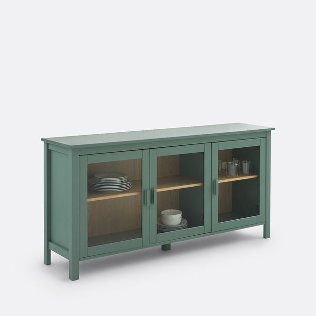 Vitrina baja de 3 puertas, de pino macizo, an. 160 cm, Alvina verde eucalipto <span itemprop=