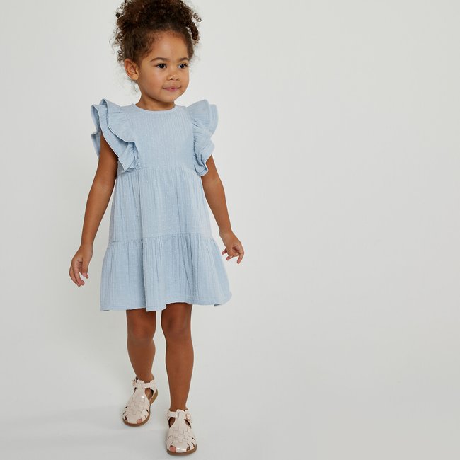 Dotted cotton muslin dress with ruffles, light blue, La Redoute ...