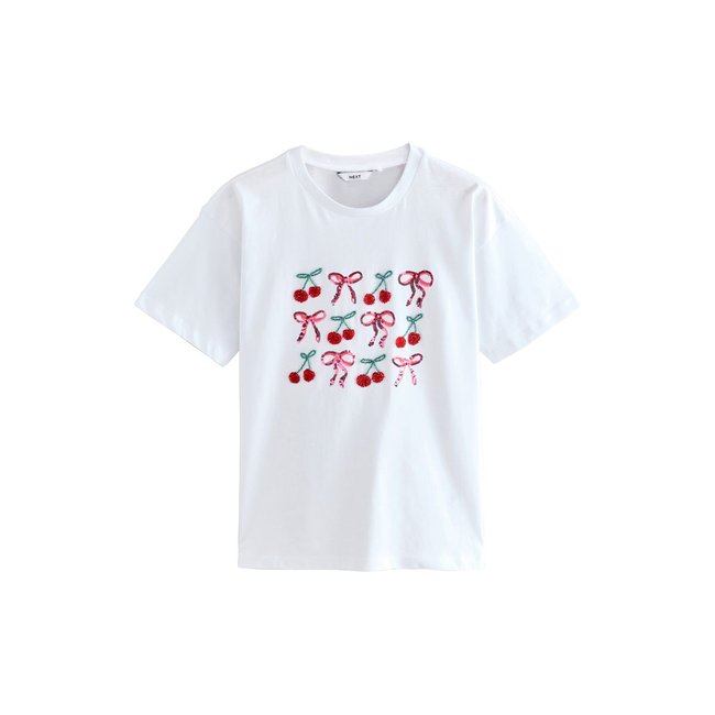 T-shirt manches courtes 100 % coton cerises blanches et nœuds <span itemprop=