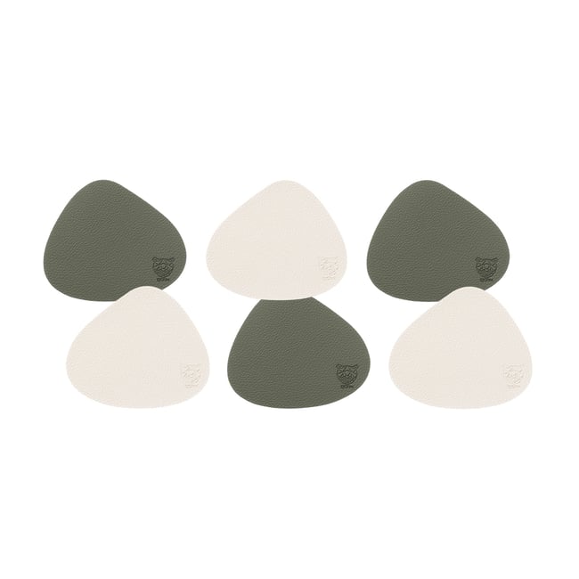 Sous-verre curve réversible - 6 pièces - Cuir recyclé Couleur blanc crème et vert de gris <span itemprop=