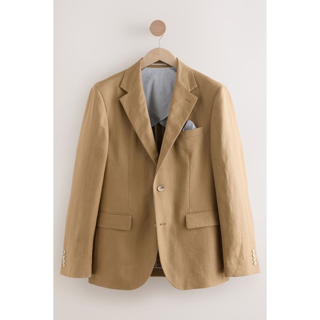 Veste de costume slim en lin grège <span itemprop=