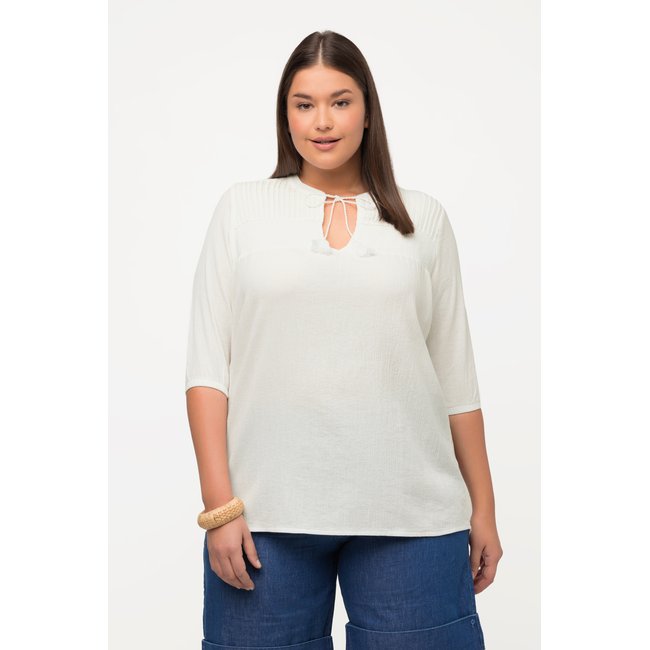 Tunique en coton bio. Pompons. Col tunisien. blanc cassé <span itemprop=