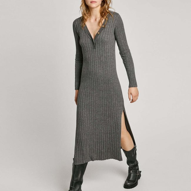 Robe Longue Côtelée gris foncé chine <span itemprop=