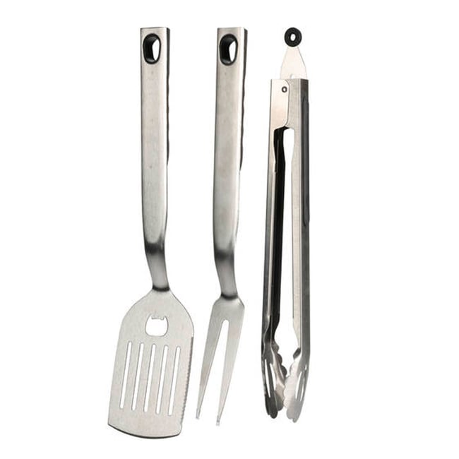 Set De 3 Ustensiles Barbecue Inox - Pince, Pique Et Spatule - Manche Bois - Pearl
