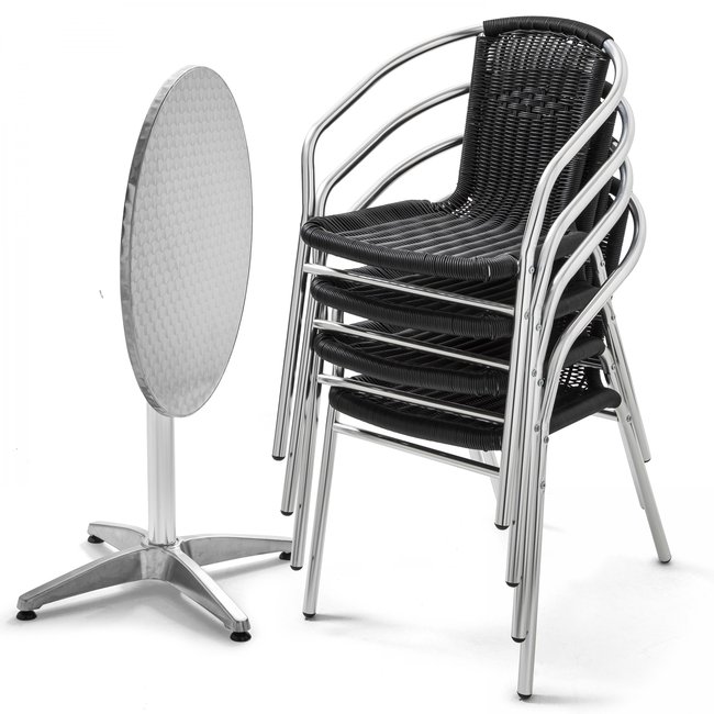 Table de jardin ronde et 4 fauteuils en aluminium et résine, BRIXTON noir <span itemprop=