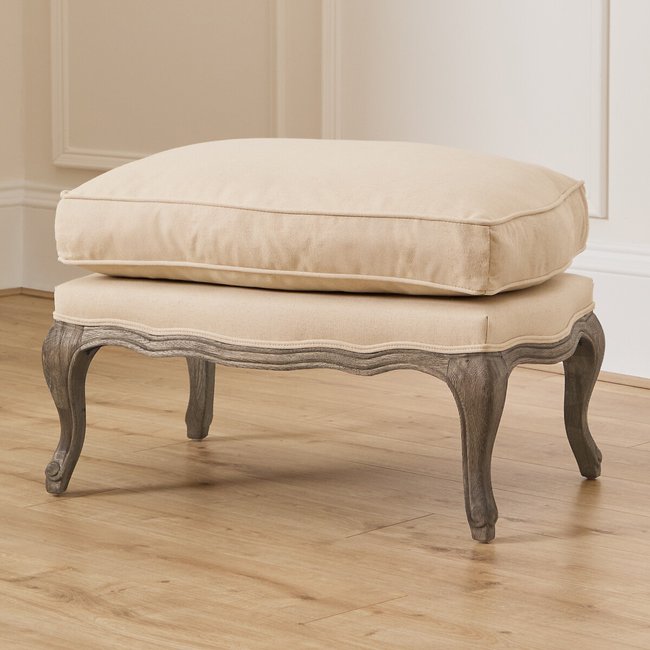 Florence Linen Blend Footstool with Silver Oak Frame, cream, VOYAGE MAISON