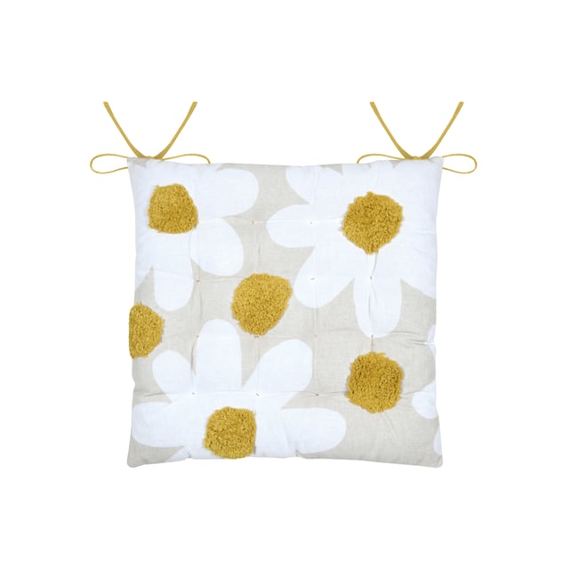 Galette de chaise en polycoton capitonnée à motif marguerites jaune moutarde <span itemprop=