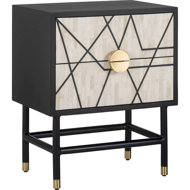 Table de chevet moderne, 2 tiroirs, Novas Couleur noir et blanc et doré <span itemprop=