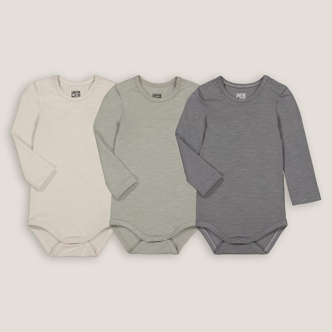 Pack of 3 Bodysuits in Cotton with Long Sleeves, beige/khaki, LA REDOUTE COLLECTIONS
