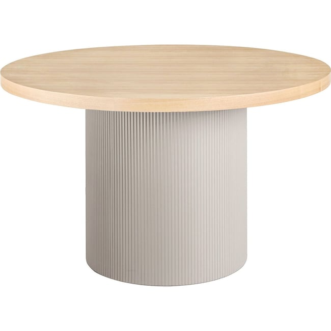Table ronde effet chêne à piètement sculpté Couleur chêne naturel et gris clair <span itemprop=