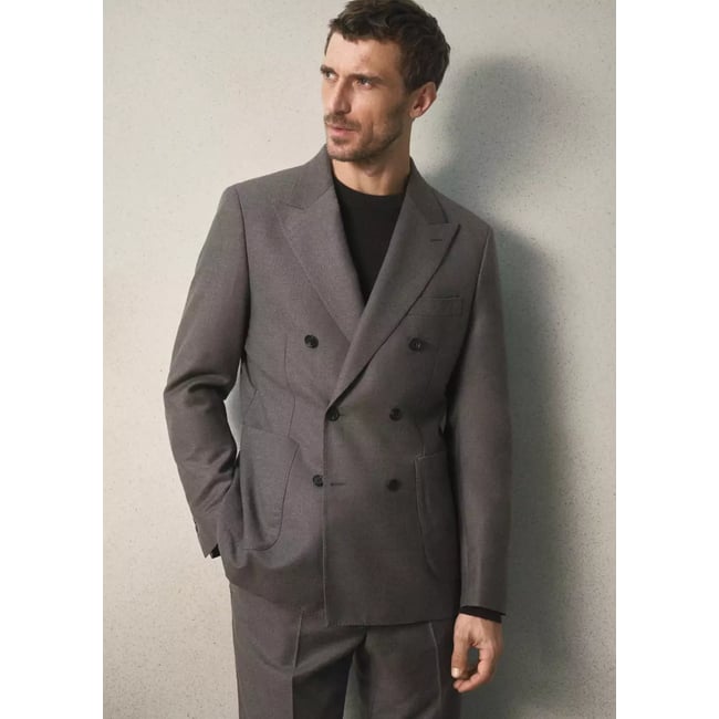Veste de costume croisée slim fit en flanelle beige <span itemprop=