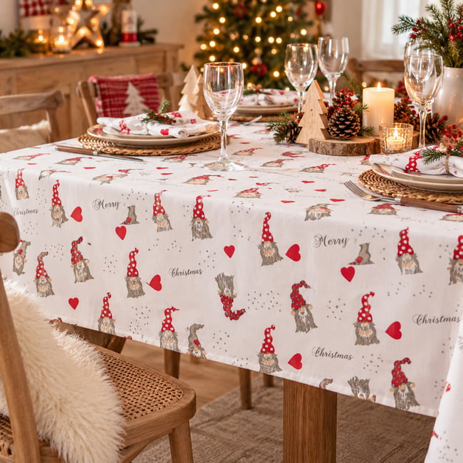 Nappe 100% coton imprimés LUTIN blanc <span itemprop=