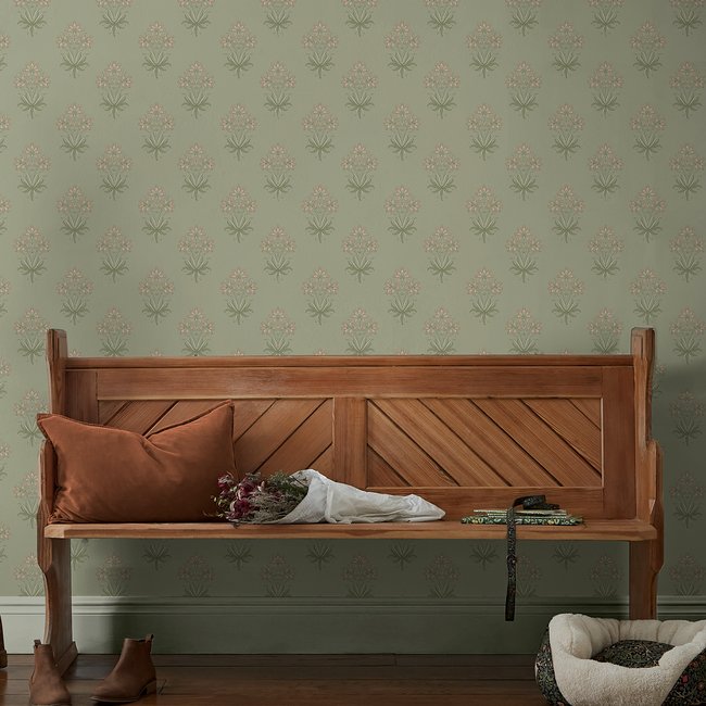 Papier peint fleuri Hyacinth Peony & Sage Couleur vert, corail <span itemprop=