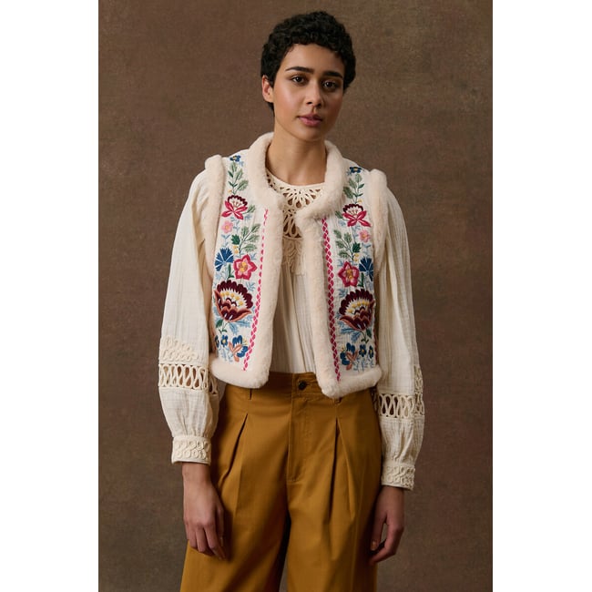 Veste sans manches réversible brodée, RENEE crème <span itemprop=
