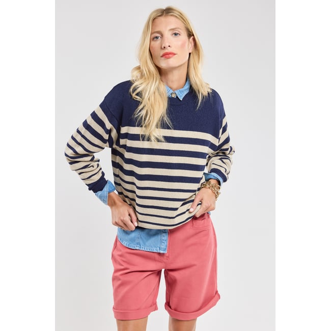 Pull rayé en coton naturel/seal <span itemprop=