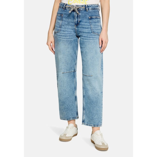 Jean d'aspect usé à ceinture à nouer bleu <span itemprop=