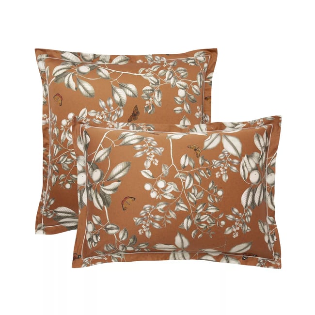 Taie d'oreiller satin de coton FLEURS D'ORANGER rouille <span itemprop=