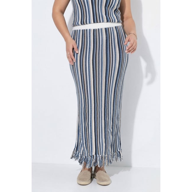 Jupe à rayures, maille ajourée bleu jean <span itemprop=