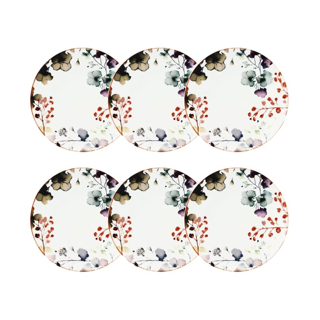 Lot de 6 assiettes plates en porcelaine 27cm, AQUARELLE Couleur motif fleuri <span itemprop=