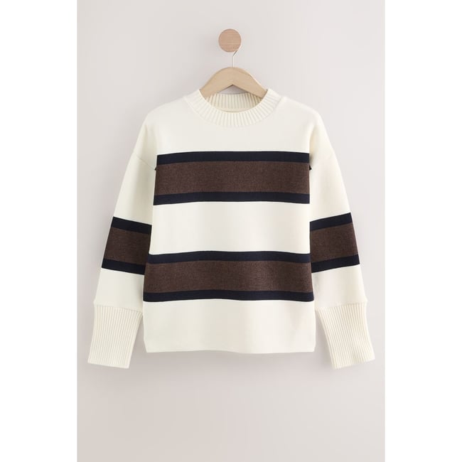 Pull ras du cou confortable à détail côtelé noir/marron/écru rayée <span itemprop=