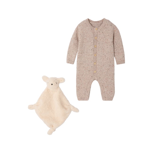 Ensemble combinaison et doudou naissance beige chiné <span itemprop=