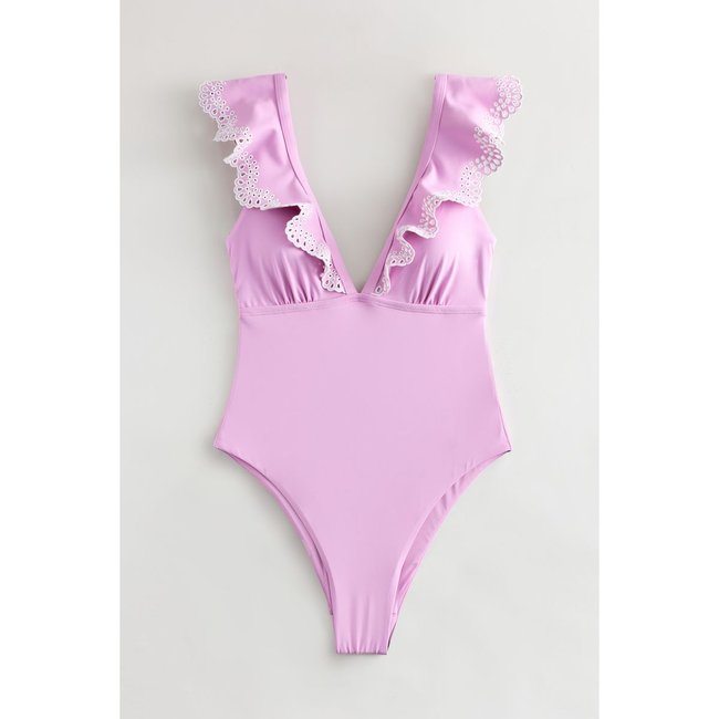 Maillot de bain à volants brodés violet lilas <span itemprop=