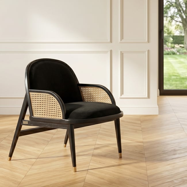 Fauteuil en chêne, cannage et velours MARCEL Couleur noir <span itemprop=