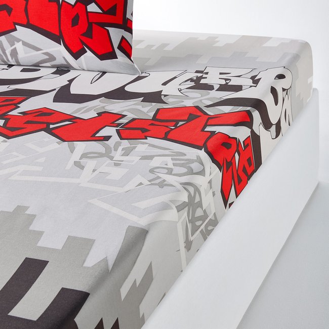 Drap-housse coton, Urban Graph gris/imprimé rouge/blanc <span itemprop=