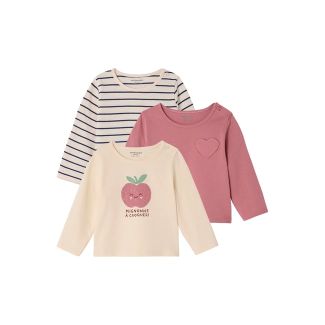Lot de 3 T-shirts Basics manches longues vieux rose <span itemprop=