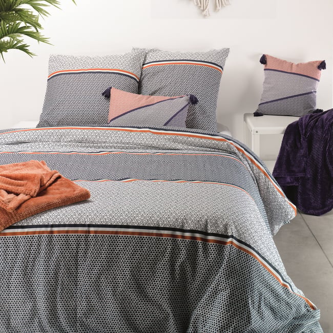 Parure de lit en 100% coton à motifs avec housse de couette + taie d’oreiller gris <span itemprop=