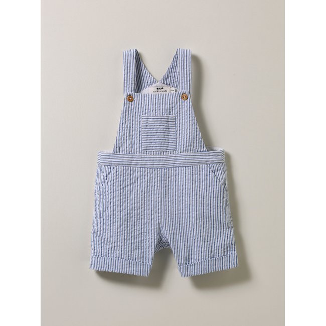Salopette courte en tissu seersucker rayure seersucker bleu <span itemprop=