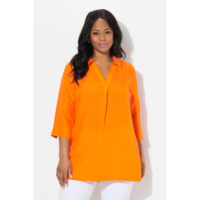 Tunique longue. Col chemise et manches 3/4. orange clair <span itemprop=